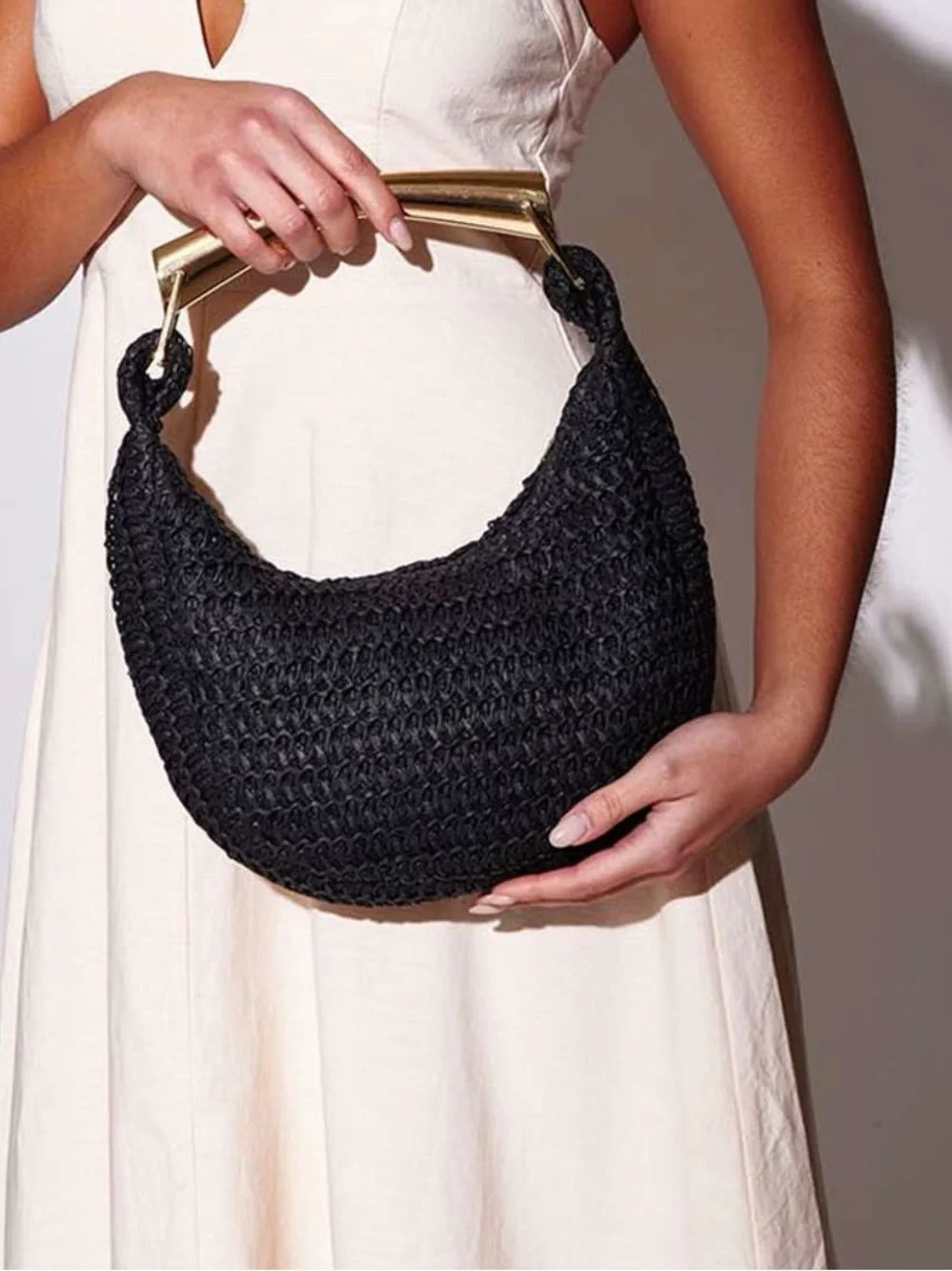 Black Woven Raffia Bag with Gold Bar Handle NWOT